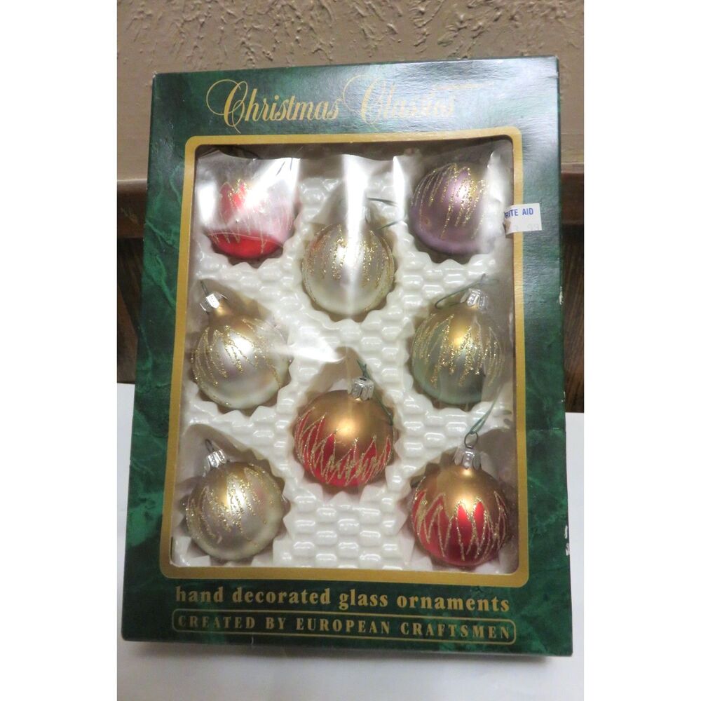 Vintage Commodore Glass Christmas Ornaments Set of 8 in Original box